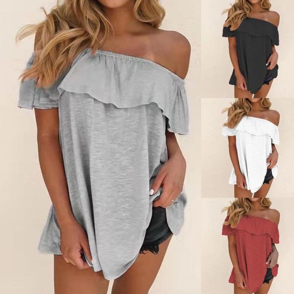 women's t-shirt 2021 fashion women one-line collar short sleeve summer ladies casual loose tee ruffle female clothing, White
women's t-shirt 2021 fashion women one-line collar short sleeve summer ladies casual loose tee ruffle female clothing, White