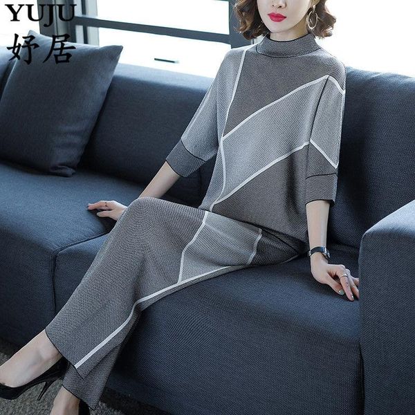 women's tracksuits spring fashion casual bat sleeve knit pullover wide leg pants suit goddess foreign gas stitching loose thin two-piec, Gray