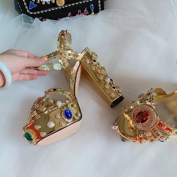 Sandals gold metal leather chunky heels sandals muti jewel studded square platform shoes high rhinestones summer UDGE, Black
Sandals gold metal leather chunky heels sandals muti jewel studded square platform shoes high rhinestones summer UDGE, Black