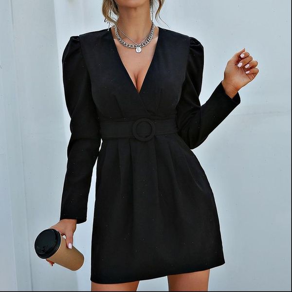 long sleeve womens dresses spring autumn women solid color v neck dress with belt black mini party club, Black;gray
long sleeve womens dresses spring autumn women solid color v neck dress with belt black mini party club, Black;gray