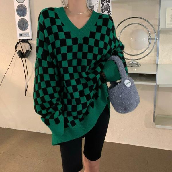 women's sweaters green checkerboard loose oversize pullover sweater autumn winter long sleeve wear, White;black
women's sweaters green checkerboard loose oversize pullover sweater autumn winter long sleeve wear, White;black