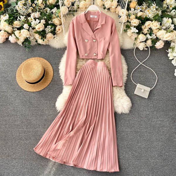 women autumn fashion elegant solid set double breasted short + high waist pleated long skirt two pieces set 210419, White
women autumn fashion elegant solid set double breasted short + high waist pleated long skirt two pieces set 210419, White