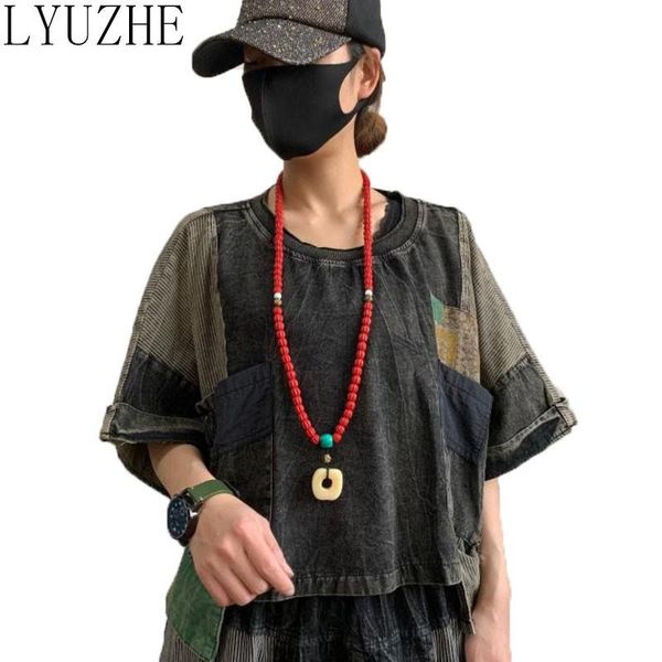 women's t-shirt lyuzhe vintage patchwork women denim 2021 summer irregular short sleeve plus size female black qdy159, White
women's t-shirt lyuzhe vintage patchwork women denim 2021 summer irregular short sleeve plus size female black qdy159, White