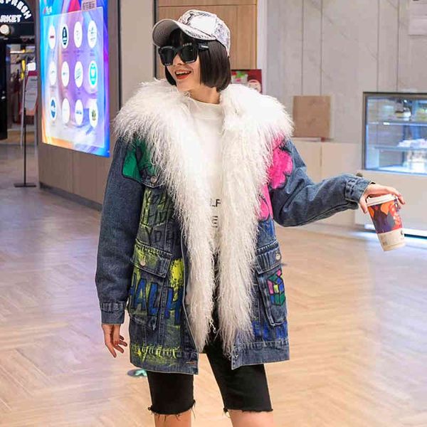 female coat europe autumn and winter fur collar in addition velvet thick release cotton graffiti denim jacket, Black;brown
female coat europe autumn and winter fur collar in addition velvet thick release cotton graffiti denim jacket, Black;brown