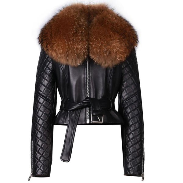 women's leather & faux ladies' genuine jacket with big raccoon fur collar real sheepskin outfit, Black
women's leather & faux ladies' genuine jacket with big raccoon fur collar real sheepskin outfit, Black