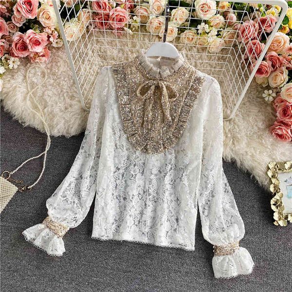 sweaters casual black/white sequin blouse women stand collar flare long sleeve lace shirt female elegant fashion spring autumn, White;black
sweaters casual black/white sequin blouse women stand collar flare long sleeve lace shirt female elegant fashion spring autumn, White;black