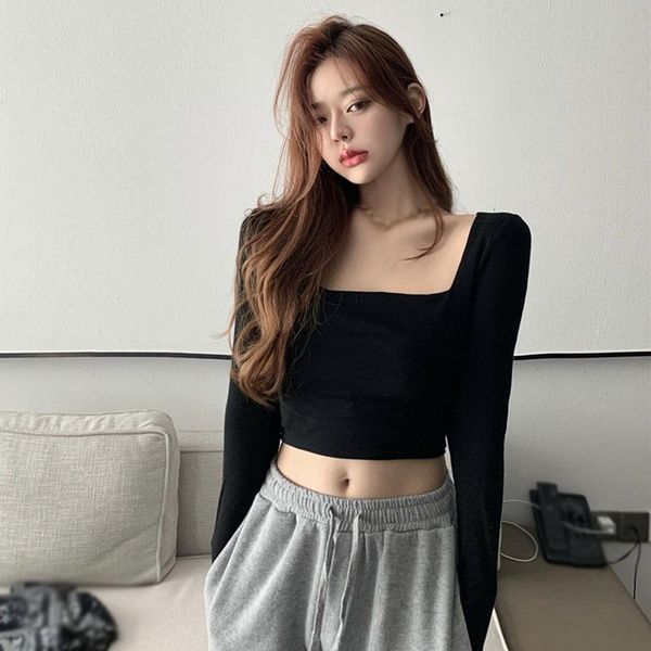 women's t-shirt short style t shirt korean square collar slim exposed navel long sleeve simple fashion solid color female, White
women's t-shirt short style t shirt korean square collar slim exposed navel long sleeve simple fashion solid color female, White