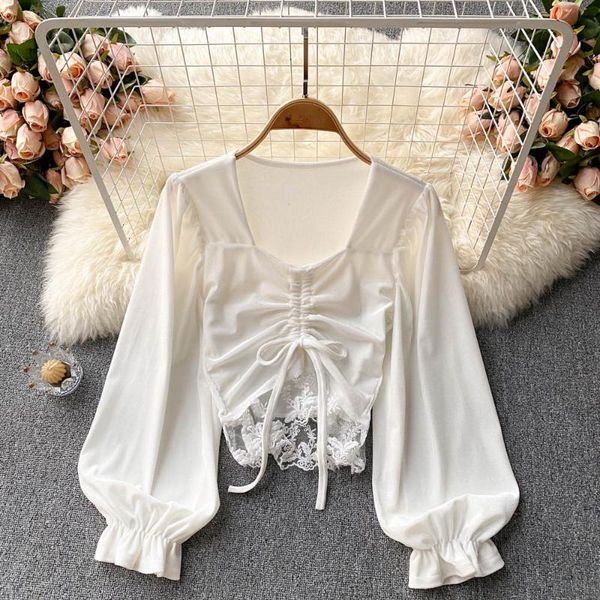 women's blouses & shirts b505 women fashion ins square collar long sleeve drawing rope fold stitching lace short blouse casual, White
women's blouses & shirts b505 women fashion ins square collar long sleeve drawing rope fold stitching lace short blouse casual, White