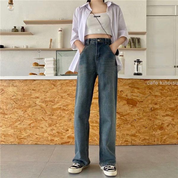 women's jeans 2021 korean version of the wild button waist high female loose wide leg pants student trousers, Blue
women's jeans 2021 korean version of the wild button waist high female loose wide leg pants student trousers, Blue