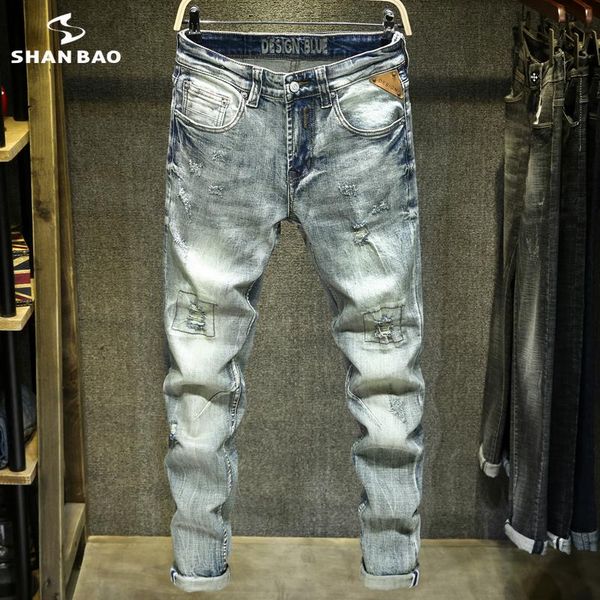 men's jeans shan bao 2021 autumn brand classic style slim personality ripped leather decorated cotton, Blue
men's jeans shan bao 2021 autumn brand classic style slim personality ripped leather decorated cotton, Blue