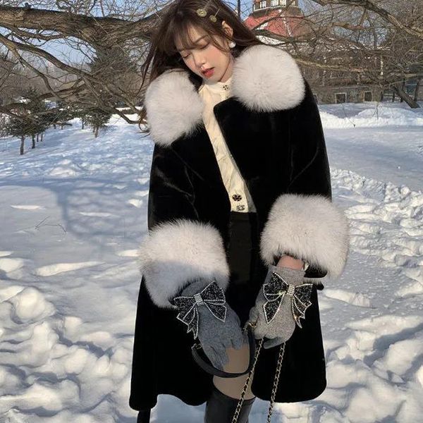 winter 2021 fur women fox female long overcoat thick warm plus size belt, Black