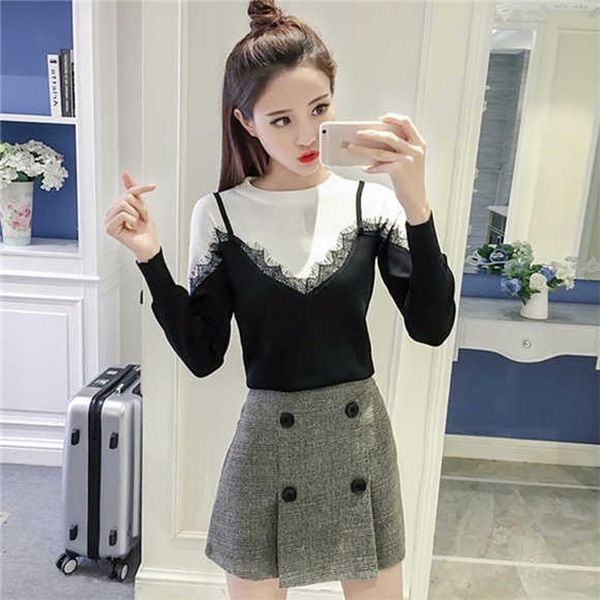 spring and autumn korean women's sweet lace stitching straps fake two-piece slim sweater shirt student pullover 210427, White;black
spring and autumn korean women's sweet lace stitching straps fake two-piece slim sweater shirt student pullover 210427, White;black