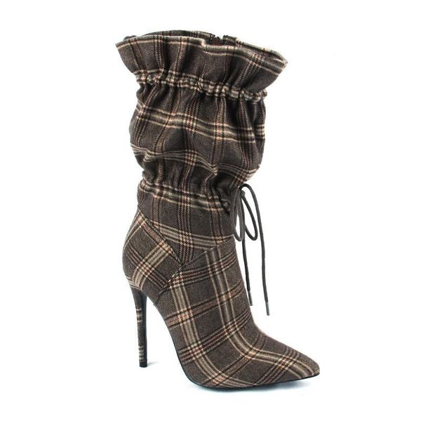 boots women's middle tube plaid winter high heel pointed fashionable, Black