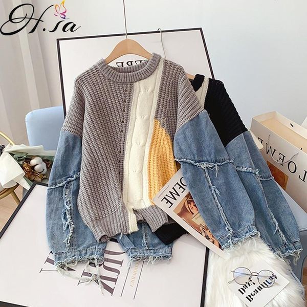 women's sweaters hsa denim stitching women knitted sweater 2021 patchwork pull jumper loose yellow, White;black
women's sweaters hsa denim stitching women knitted sweater 2021 patchwork pull jumper loose yellow, White;black
