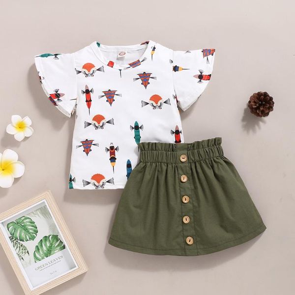 toddler baby girls short sleeve cartoon t-shirt +solid skirts outfits clothing sets, White