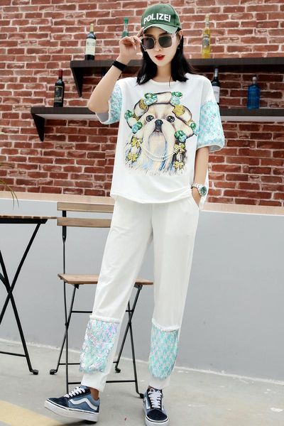 thailand tide brand 2021 summer personality sequins dog print t-shirt female beaded cartoon stitching trousers two-piece women's two pi, White
thailand tide brand 2021 summer personality sequins dog print t-shirt female beaded cartoon stitching trousers two-piece women's two pi, White