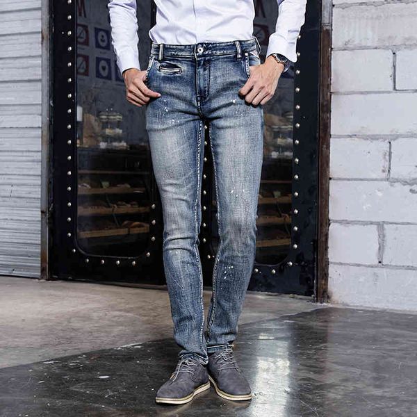jeans fashion streetwear retro blue wash slim fit elastic jeans men painted punk trousers vintage designer pants 
jeans fashion streetwear retro blue wash slim fit elastic jeans men painted punk trousers vintage designer pants