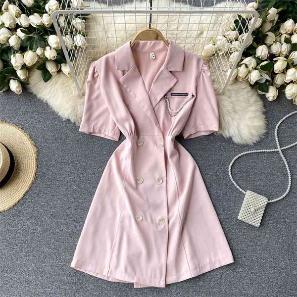 women summer fashion suit collar short sleeve retro double-breasted button-down mini dress solid color korean vestidos s772 210527, Black;gray
women summer fashion suit collar short sleeve retro double-breasted button-down mini dress solid color korean vestidos s772 210527, Black;gray