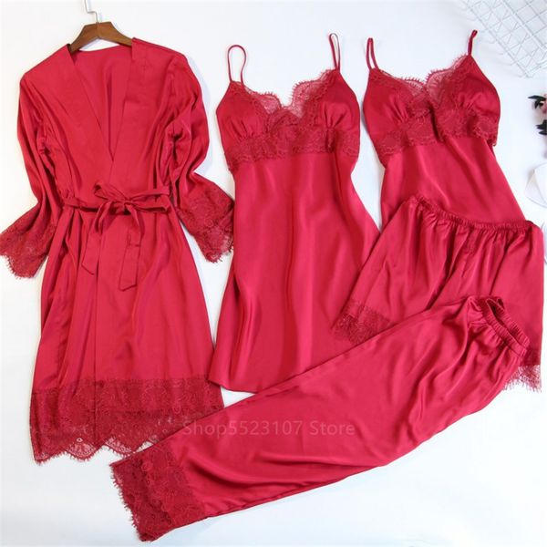 2021 womens silk satin pajamas sets strap sleepwear 5 pieces sets female lace lounge pyjama with chest pads home wear, Black;red
2021 womens silk satin pajamas sets strap sleepwear 5 pieces sets female lace lounge pyjama with chest pads home wear, Black;red