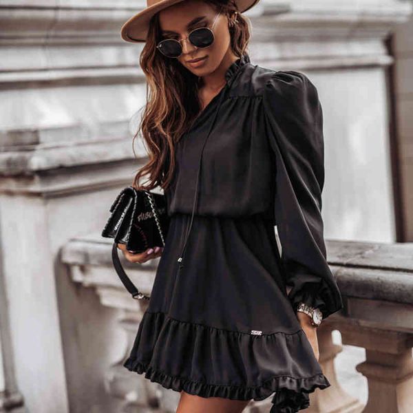 women v-neck ruffles mini dress lantern sleeve solid sashes a-line party dress autumn new elegant office lady dress 210412, Black;gray
women v-neck ruffles mini dress lantern sleeve solid sashes a-line party dress autumn new elegant office lady dress 210412, Black;gray