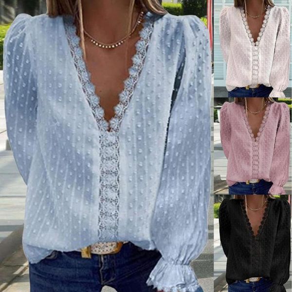 women's blouses & shirts office lady shirt lace patchwork v neck women solid color long sleeve chiffon blouse streetwear, White
women's blouses & shirts office lady shirt lace patchwork v neck women solid color long sleeve chiffon blouse streetwear, White