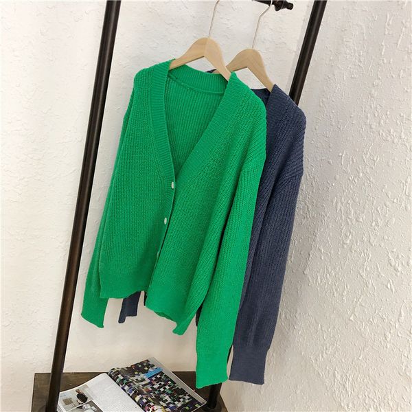 2020 early autumn new korean loose v-neck long sleeve sweater solid color cardigan coat women's top, White 
2020 early autumn new korean loose v-neck long sleeve sweater solid color cardigan coat women's top, White