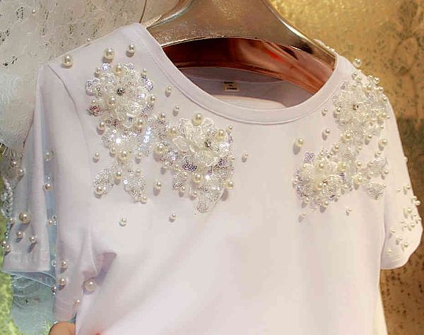 women's t-shirt pearls beading sequins floral t shirt women 2021 summer short sleeve t graphic tees cotton tee femme swww, White
women's t-shirt pearls beading sequins floral t shirt women 2021 summer short sleeve t graphic tees cotton tee femme swww, White