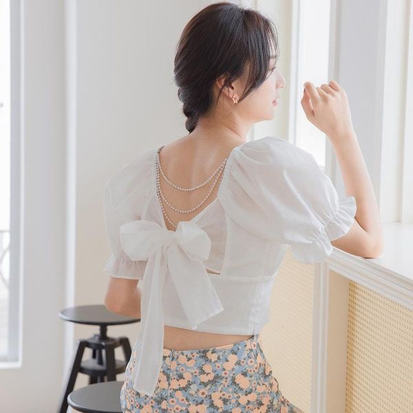women's blouses & shirts sweet backless bow beading woman crop elegant puff sleeve all-match slim femme 2021 summer chic women, White
women's blouses & shirts sweet backless bow beading woman crop elegant puff sleeve all-match slim femme 2021 summer chic women, White