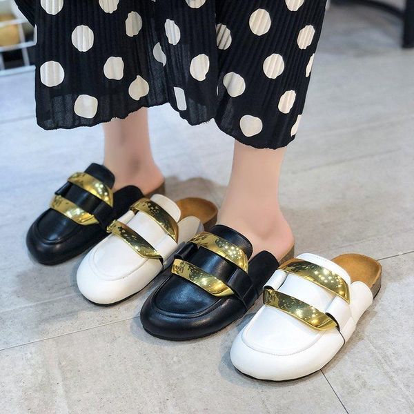 slippers wohdhe women runway half flip-flops metal chain leather flat mules mujer, Black
slippers wohdhe women runway half flip-flops metal chain leather flat mules mujer, Black