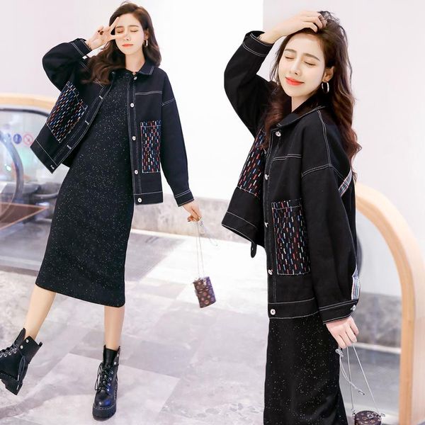 women's jackets 2021 denim short coat sequin pocket women loose top, Black;brown
women's jackets 2021 denim short coat sequin pocket women loose top, Black;brown