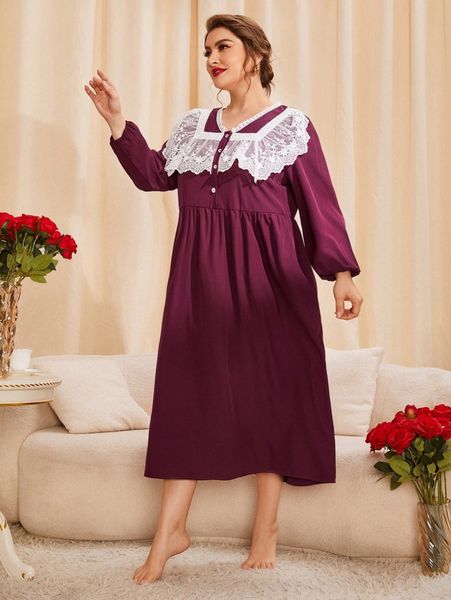 plus contrast lace button front night dress z8pe#, Black;white