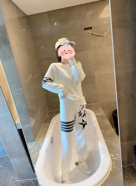 wool printed outing set new tb wool sweater for spring two piece pair casual sports pants, White
wool printed outing set new tb wool sweater for spring two piece pair casual sports pants, White