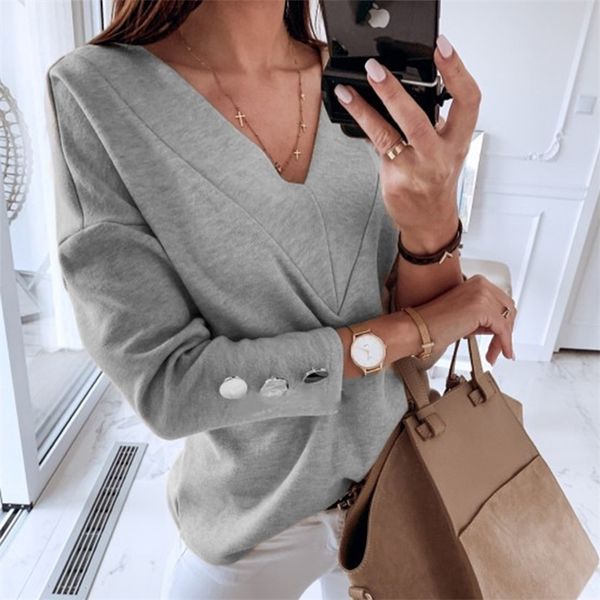 women autumn long sleeve casual t-shirt winter solid v neck basic white female loose button tee shirt 210401
women autumn long sleeve casual t-shirt winter solid v neck basic white female loose button tee shirt 210401