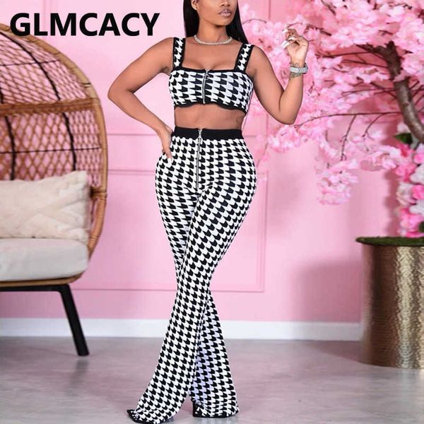 women two piece houndstooth matching sets crop tube & flare pants set 210702, White
women two piece houndstooth matching sets crop tube & flare pants set 210702, White