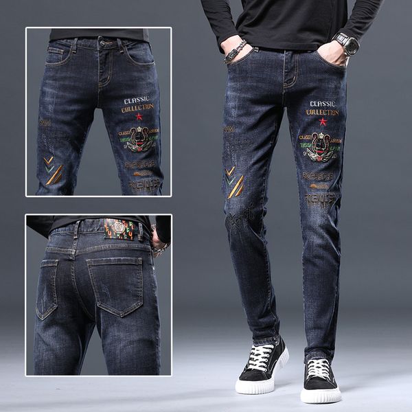 jeans embroidered and printed men's elastic slim feet korean version personalized straight tube casual versatile long pants trend, Blue
jeans embroidered and printed men's elastic slim feet korean version personalized straight tube casual versatile long pants trend, Blue