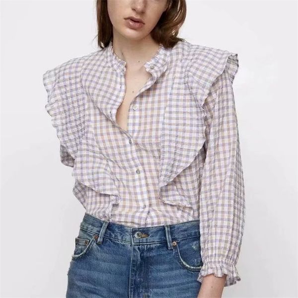 za summer women ruffles blouses flare sleeve plaid printed shirt office lady female single breasted lace collar blouse 210422, White
za summer women ruffles blouses flare sleeve plaid printed shirt office lady female single breasted lace collar blouse 210422, White