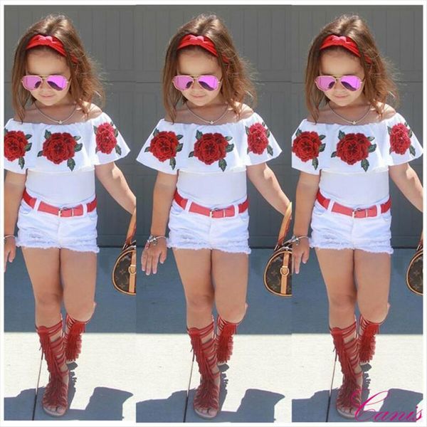 gilr clothes set summer off shoulder blouse roes embroidery short pants 3 pcs with belt clothing suit for baby kids, White
gilr clothes set summer off shoulder blouse roes embroidery short pants 3 pcs with belt clothing suit for baby kids, White