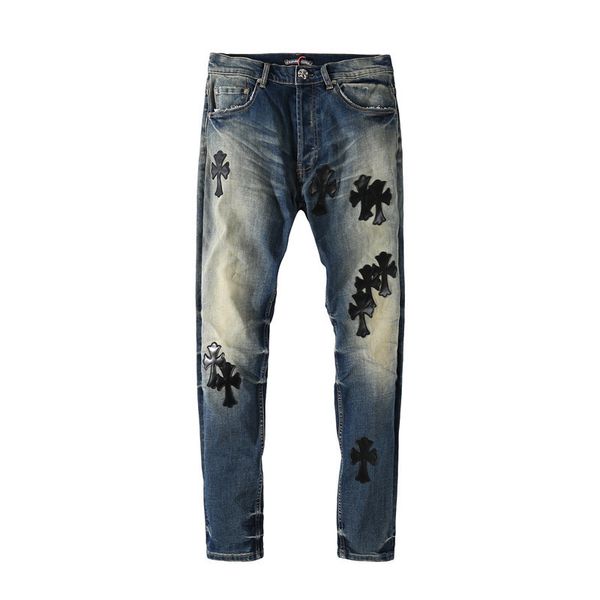 crosin high street vibe vtg embroidered cross split leather wash straight jeans for men and women, Black
crosin high street vibe vtg embroidered cross split leather wash straight jeans for men and women, Black