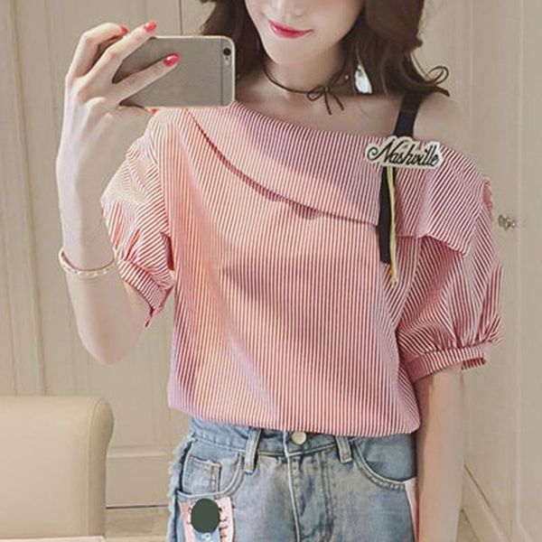 women's blouses & shirts women striped off shoulder short sleeve shirt office party street@88, White
women's blouses & shirts women striped off shoulder short sleeve shirt office party street@88, White