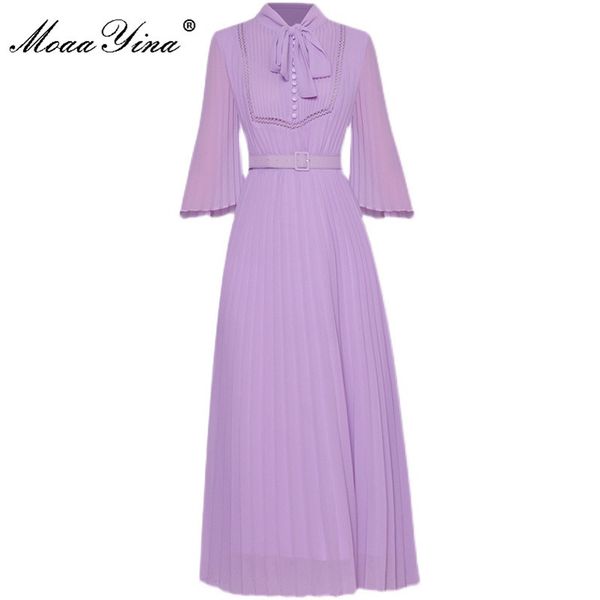 fashion designer summer elegant purple pleated dress women bow tie flare sleeve sashes chiffon midi vestidos 210524, Black;gray
fashion designer summer elegant purple pleated dress women bow tie flare sleeve sashes chiffon midi vestidos 210524, Black;gray