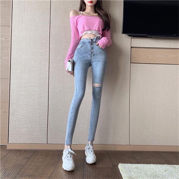 real s 2021 fashion design women's breasted high waist stretch all-match retro ripped jeans, Blue
real s 2021 fashion design women's breasted high waist stretch all-match retro ripped jeans, Blue