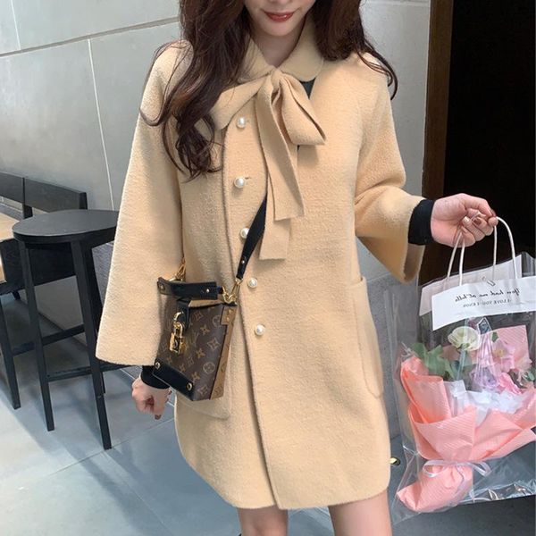 women's wool & blends women winter woolen coat bowknot straight coats fashionable commuter sweet jackets q42, Black
women's wool & blends women winter woolen coat bowknot straight coats fashionable commuter sweet jackets q42, Black