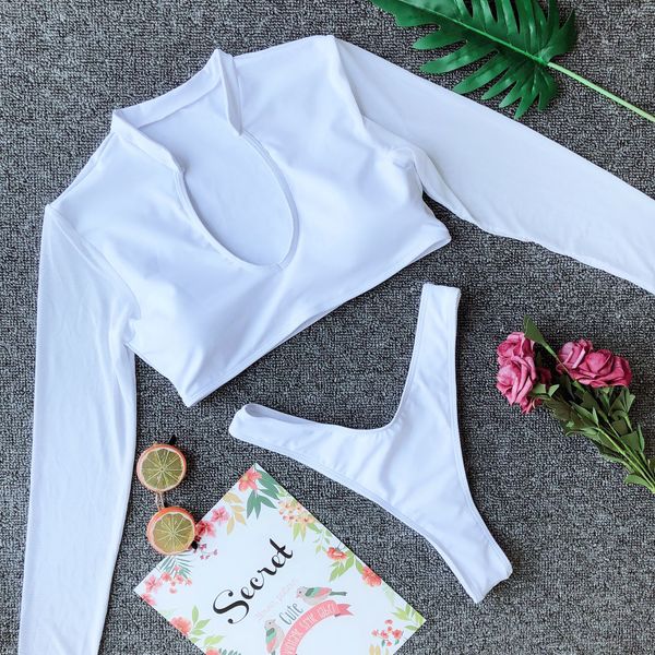 women high waist long sleeves bikinis set high cut swimsuits sunscreen beach wear bikini fashion solid color bathing suit swimwear, White;black
women high waist long sleeves bikinis set high cut swimsuits sunscreen beach wear bikini fashion solid color bathing suit swimwear, White;black