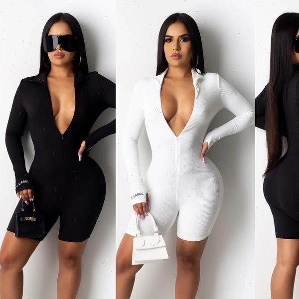 long sleeve solid color women romper zipper up skinny playsuit club sport knee length bodysuit one piece overall, Black;white
long sleeve solid color women romper zipper up skinny playsuit club sport knee length bodysuit one piece overall, Black;white