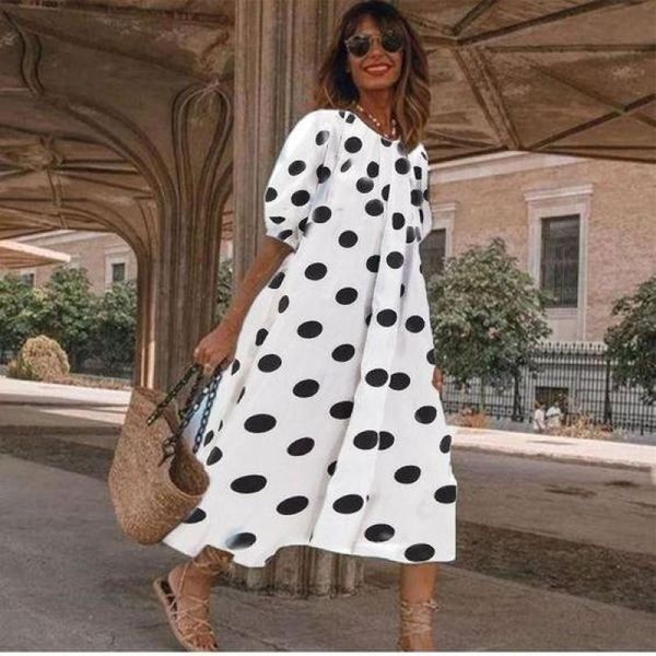 women's swimwear dot print long dresses for women summer 2021 elegant puff sleeve loose a-line dress casual beach wear plus size vestid, White;black
women's swimwear dot print long dresses for women summer 2021 elegant puff sleeve loose a-line dress casual beach wear plus size vestid, White;black