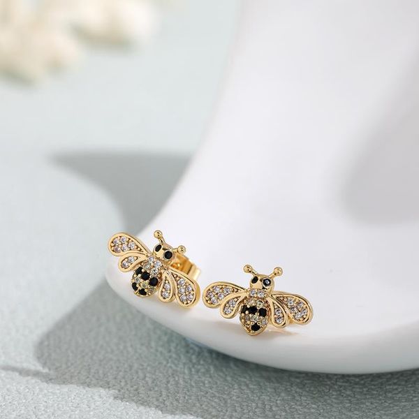 stud korea trendy geometric bee earrings for woman fashion cute cz crystal honey gold metal small jewelry gifts, Golden;silver