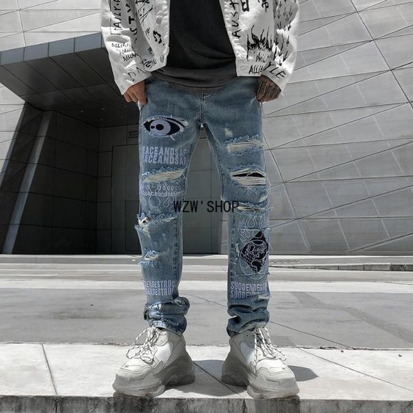men's jeans hole frayed mens pants hip hop washed streetwear denim tactical patchwork ripped for men, Blue
men's jeans hole frayed mens pants hip hop washed streetwear denim tactical patchwork ripped for men, Blue
