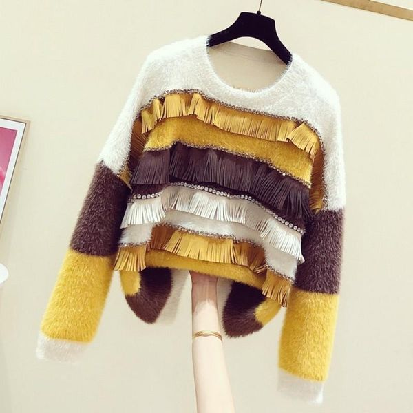 autumn/winter women pullovers color block patchwork tassel all-match loose o neck long sleeve sweaters women's, White;black
autumn/winter women pullovers color block patchwork tassel all-match loose o neck long sleeve sweaters women's, White;black