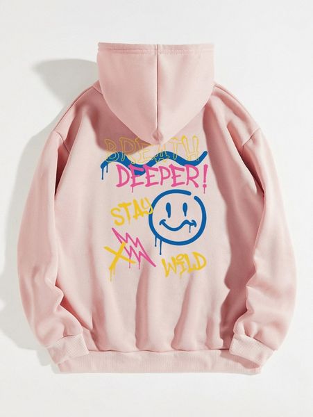 slogan & cartoon face print drawstring thermal lined hoodie n5sm#, White;black 
slogan & cartoon face print drawstring thermal lined hoodie n5sm#, White;black