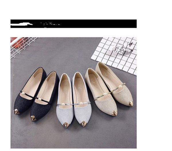 women's shoes spring and autumn flat bottom pointed end sequined cloth #202, Black